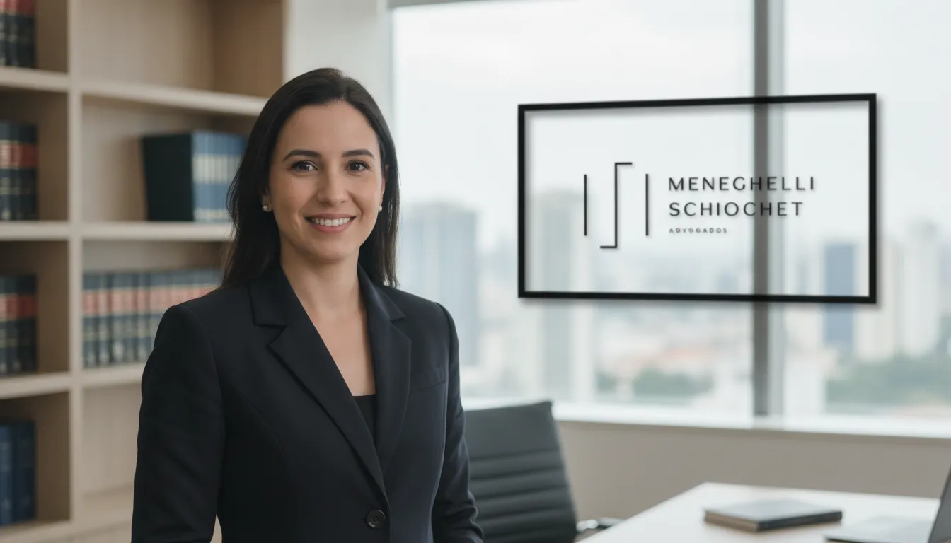 Advogada da família sorrindo confiantemente em escritório moderno, transmitindo segurança e competência.