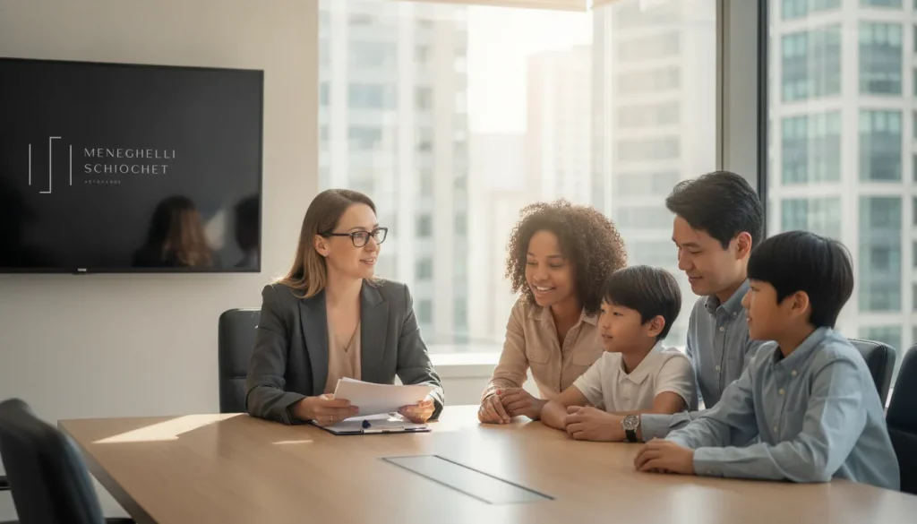 Advogado família orienta pais e filhos em escritório moderno, transmitindo confiança e solução de conflitos.