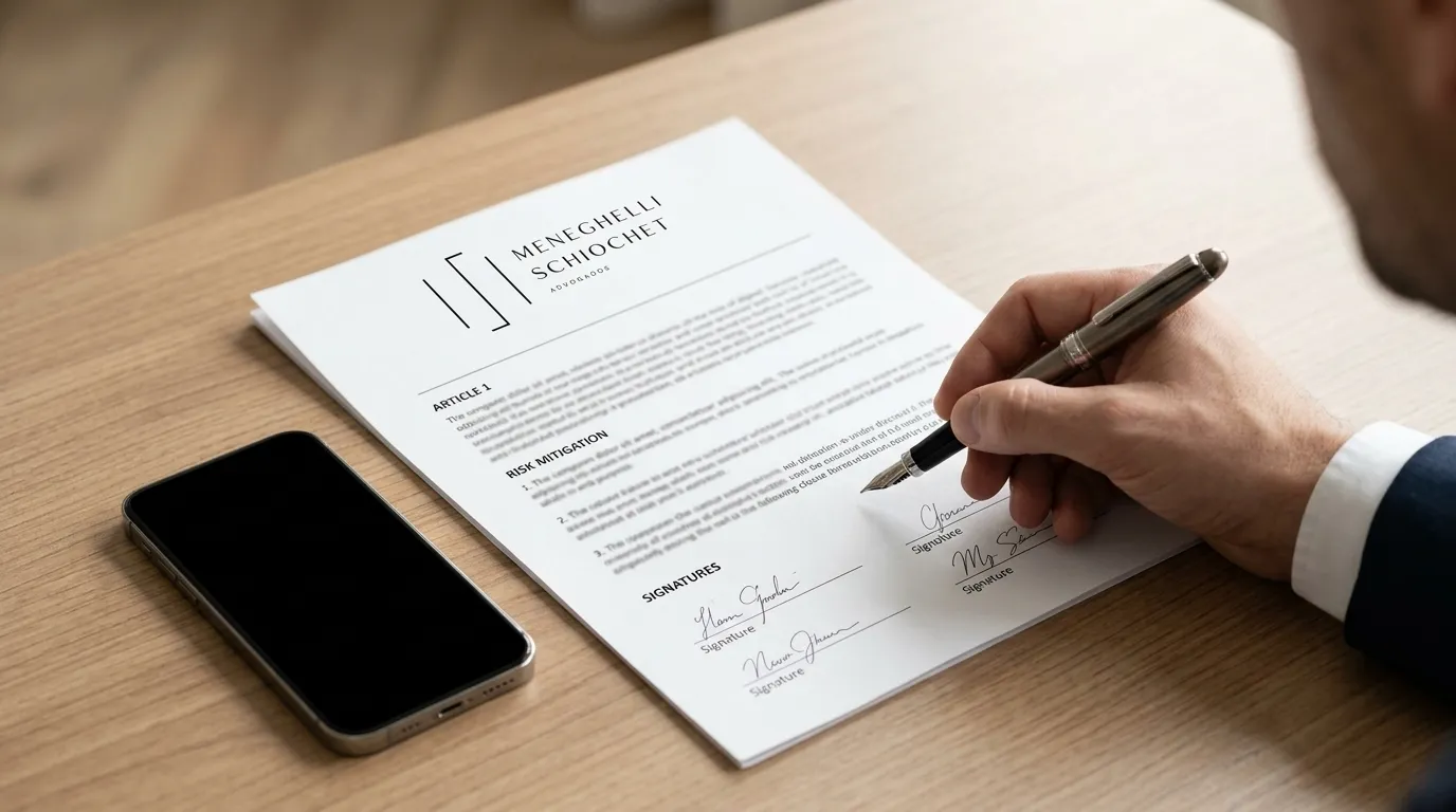 Assinatura de contrato simbolizando governança corporativa e gestao de riscos.
