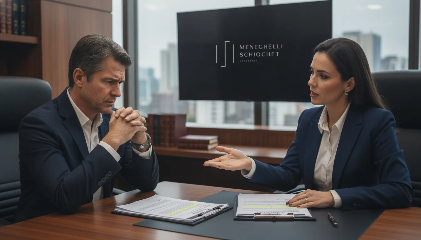 Cliente e advogado discutindo contratos de financiamento de carro, buscando revisão de juros abusivos.