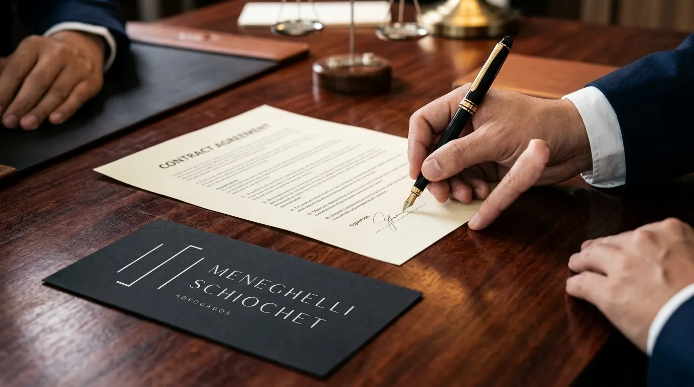 Contrato comercial sendo assinado sob orientação especializada de direito empresarial.