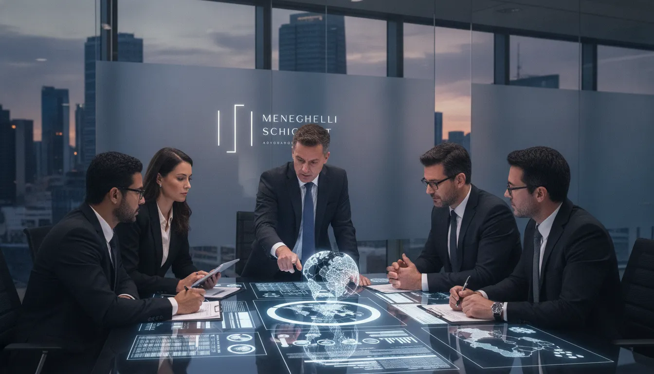 Equipe jurídica e clientes colaboram em soluções de direito empresarial societário usando mesa digital interativa.
