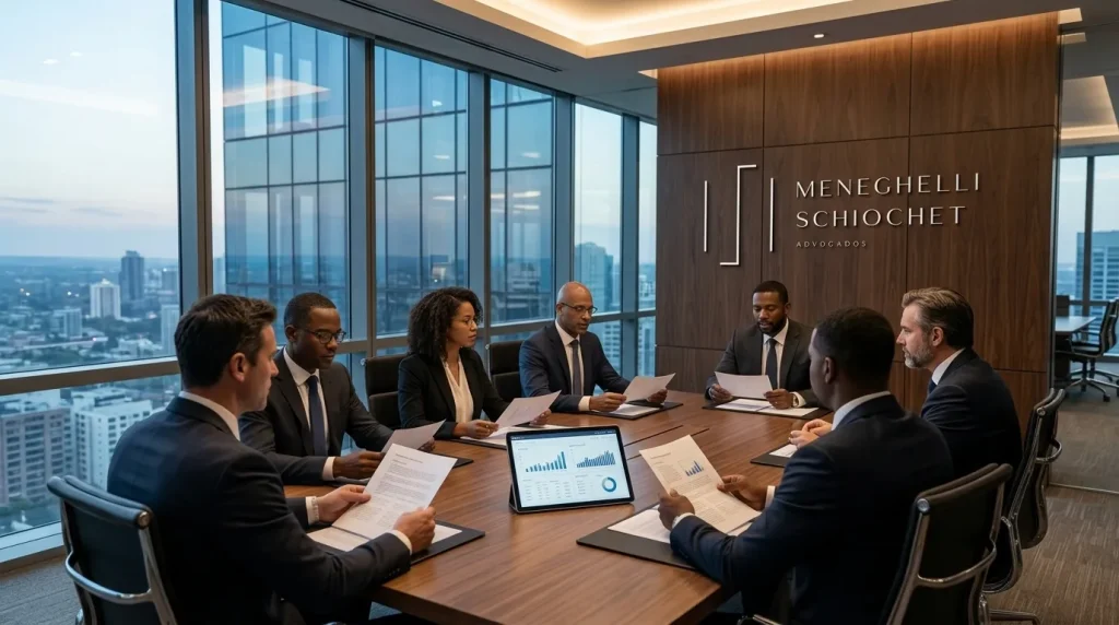 Executivos em reunião discutindo estratégias de governança corporativa em sala moderna.