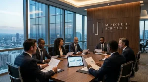 Executivos em reunião discutindo estratégias de governança corporativa em sala moderna.