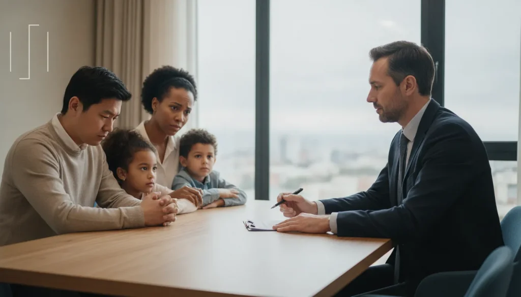 Família preocupada conversando com advogado da família em escritório moderno, buscando solução para questões legais.