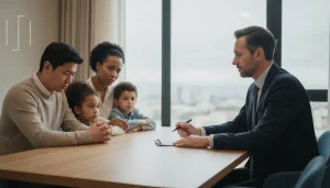 Família preocupada conversando com advogado da família em escritório moderno, buscando solução para questões legais.