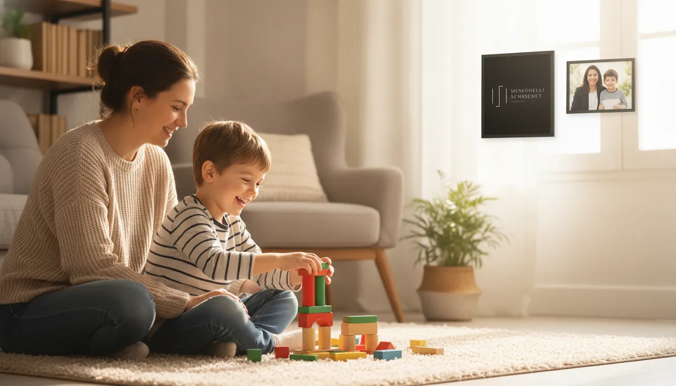 Mãe e filho brincam felizes em casa, após o auxílio de um advogado de família, com foto da advogada no fundo.