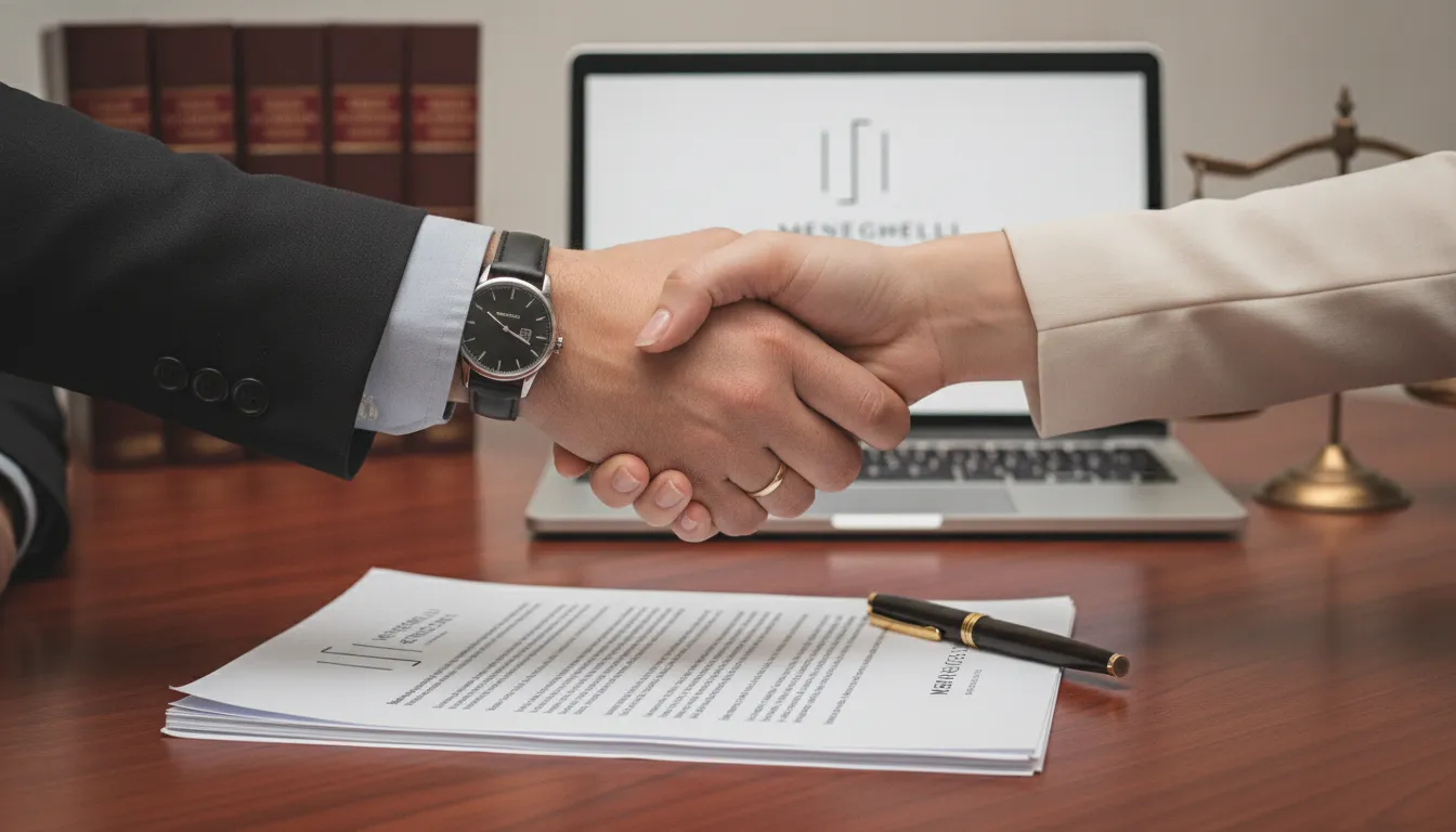 Mãos apertando após acordo de direito empresarial societário, simbolizando parceria e conclusão legal.