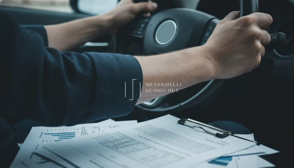 Mãos apertando volante, documentos financeiros, simbolizando a luta contra juros abusivos em contratos de carro.