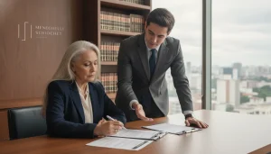 Uma mulher idosa e um advogado revisam documentos de pensão por morte. Aposentado pode receber pensão por morte.
