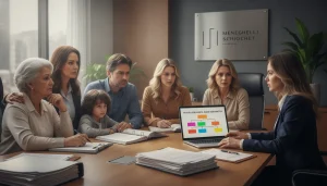 Pessoas buscando entender pensão por morte quem tem direito, com advogada explicando documentos em escritório.