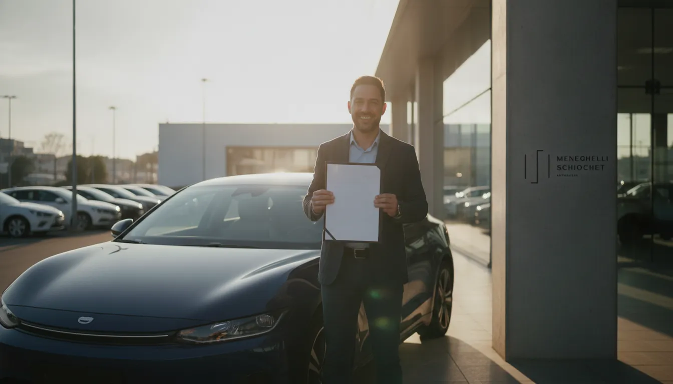 Pessoa sorrindo com documento de acordo legal, aliviada após revisão de juros abusivos em financiamento de carro.