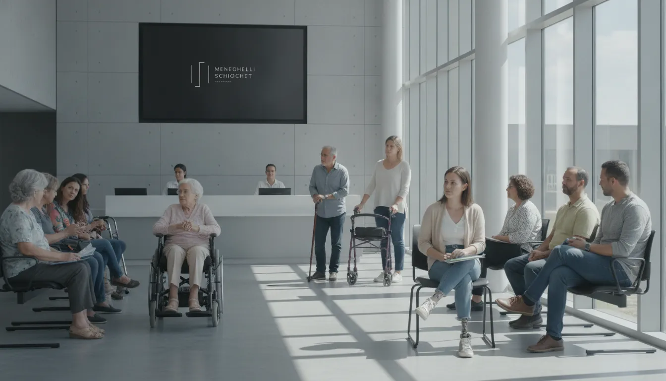 Pessoas diversas aguardando em escritório governamental, buscando quem tem direito a aposentadoria por invalidez.