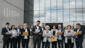Pessoas diversas buscam informações sobre direito aposentadoria por tempo de contribuição em frente a um prédio público.
