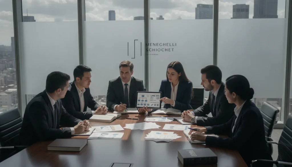 Profissionais discutindo estratégias de direito empresarial societário em uma sala de reunião moderna e iluminada.