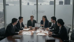 Profissionais discutindo estratégias de direito empresarial societário em uma sala de reunião moderna e iluminada.