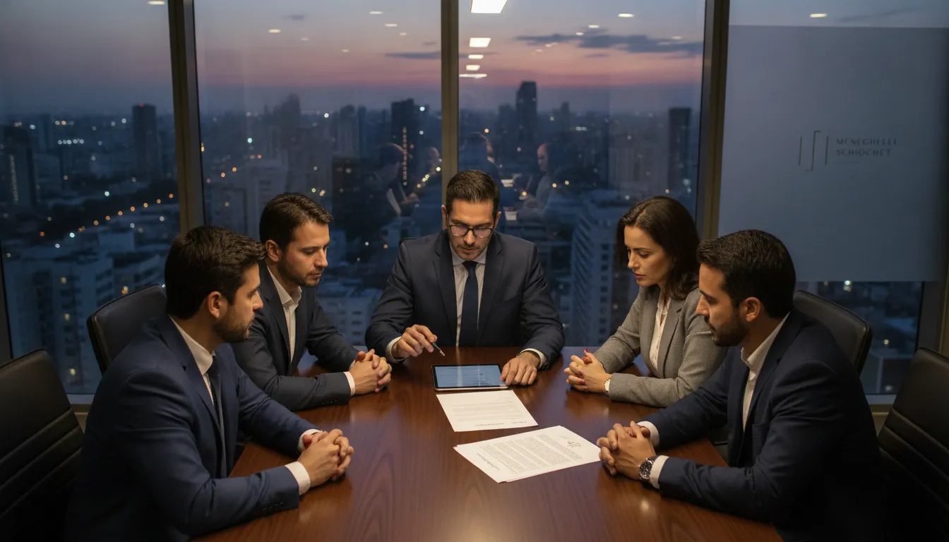 Profissionais de negócios em reunião analisando contratos, destacando a consultoria em direito empresarial e societario.