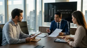 Reunião de consultoria em direito empresarial advogado assessora empresários em escritório moderno