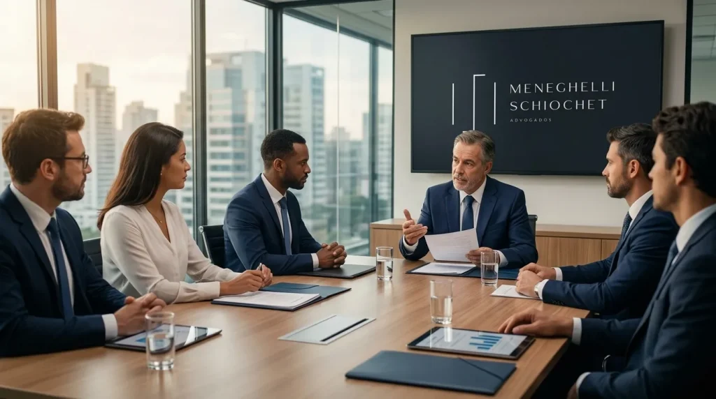 Reunião de negócios com foco em assessoria de direito empresarial para proteção de empresas.
