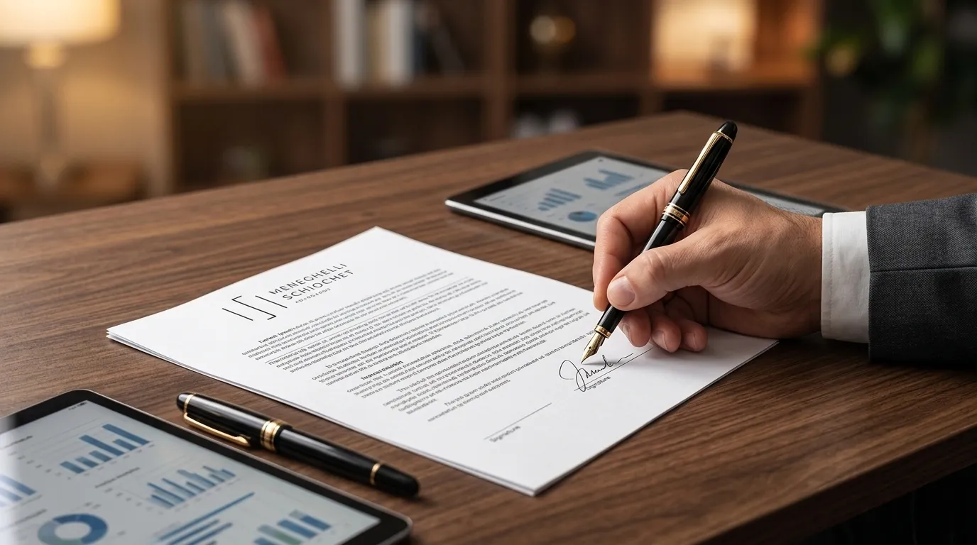 Empresário assinando contrato seguro sob orientação especializada em direito empresarial consultivo.