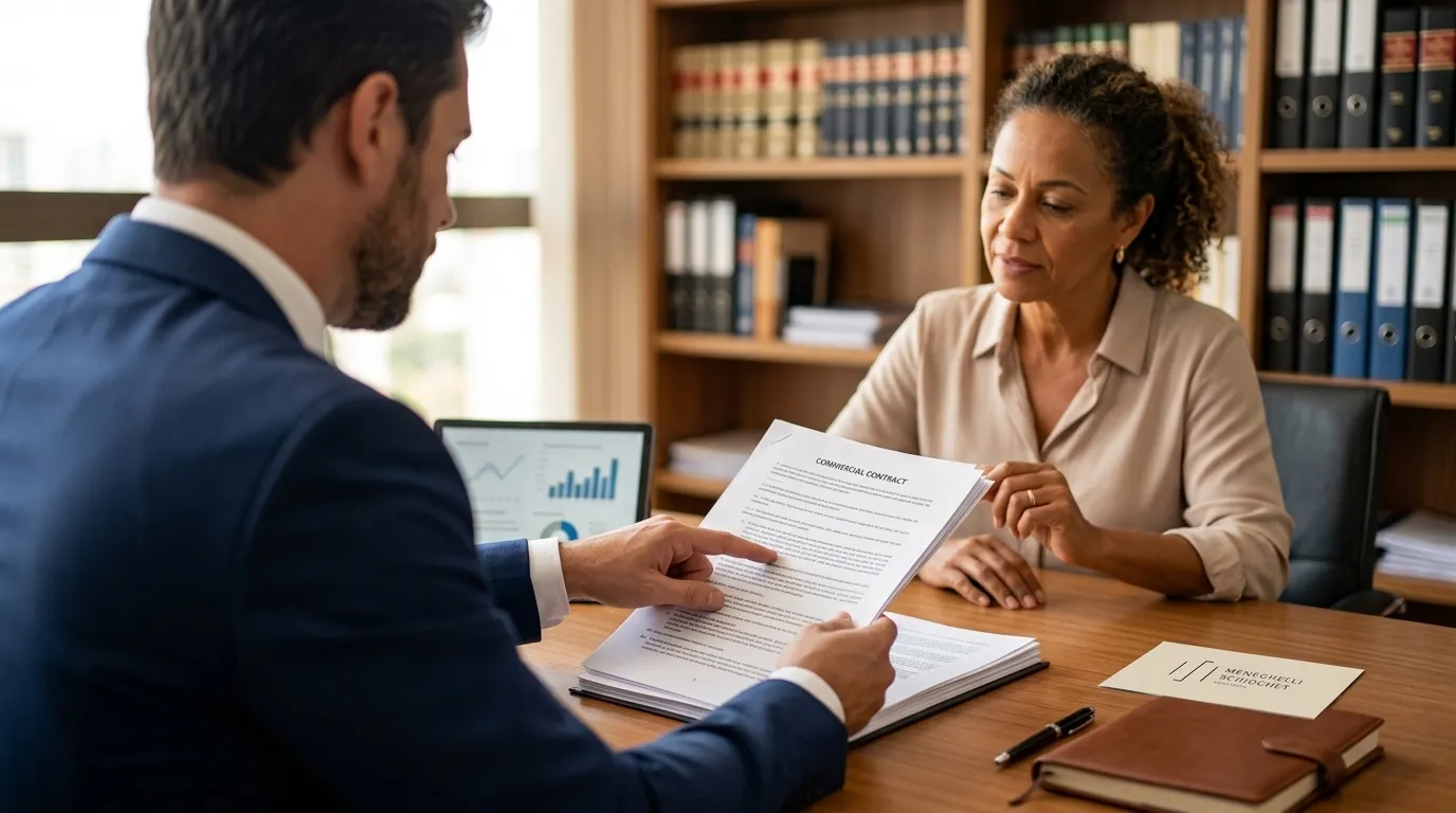 Especialista em direito empresarial advogado analisando contrato comercial de forma preventiva.