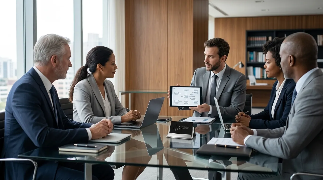 Reunião de diretores debatendo estratégias de direito empresarial e societário para crescimento.