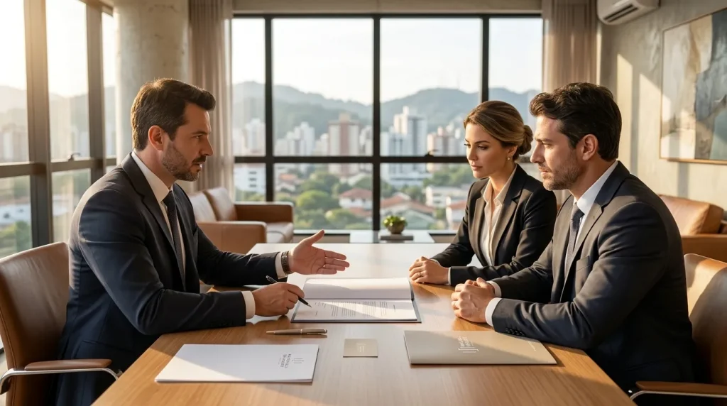 Empresários discutindo contrato de direito empresarial e societário com advogado em escritório moderno.