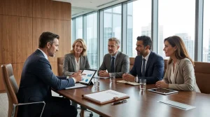 Empresários em reunião estratégica discutindo governança corporativa na sala de reuniões de uma empresa moderna