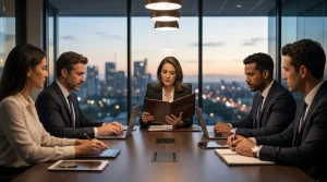 Executivos reunidos em sala de reuniões moderna discutindo estratégias de governança corporativa e compliance.