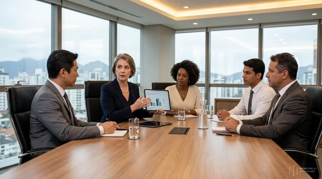 Gestores discutindo integridade empresarial unindo governança corporativa compliance no escritório.