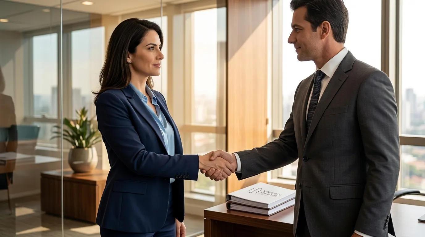 Parceiros de negócios firmando acordo ético sob as diretrizes de governança corporativa eficaz
