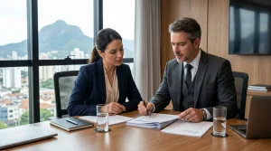 Empresária em reunião sobre direito empresarial tributário em escritório moderno.