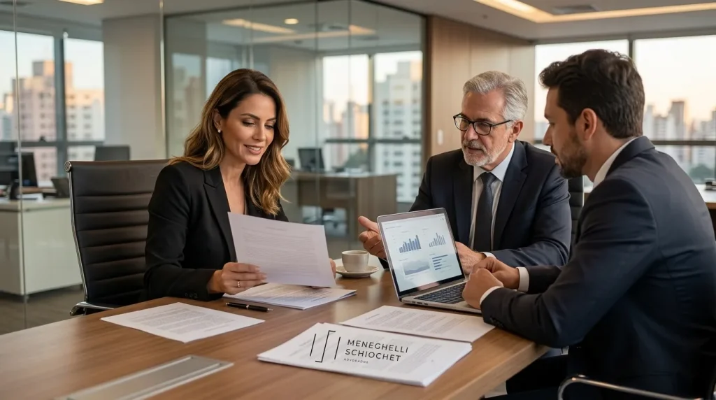Empresários em reunião estratégica analisando contratos com suporte de direito empresarial de alta qualidade.