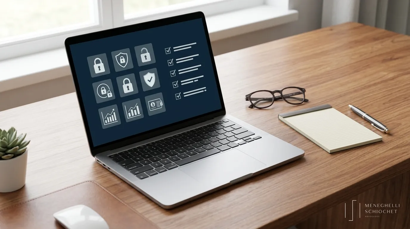 Notebook com segurança digital focado em governança corporativa e compliance empresarial.