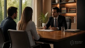 Advogada prestando consultoria especializada em advocacia direito civil para casal em escritório moderno.