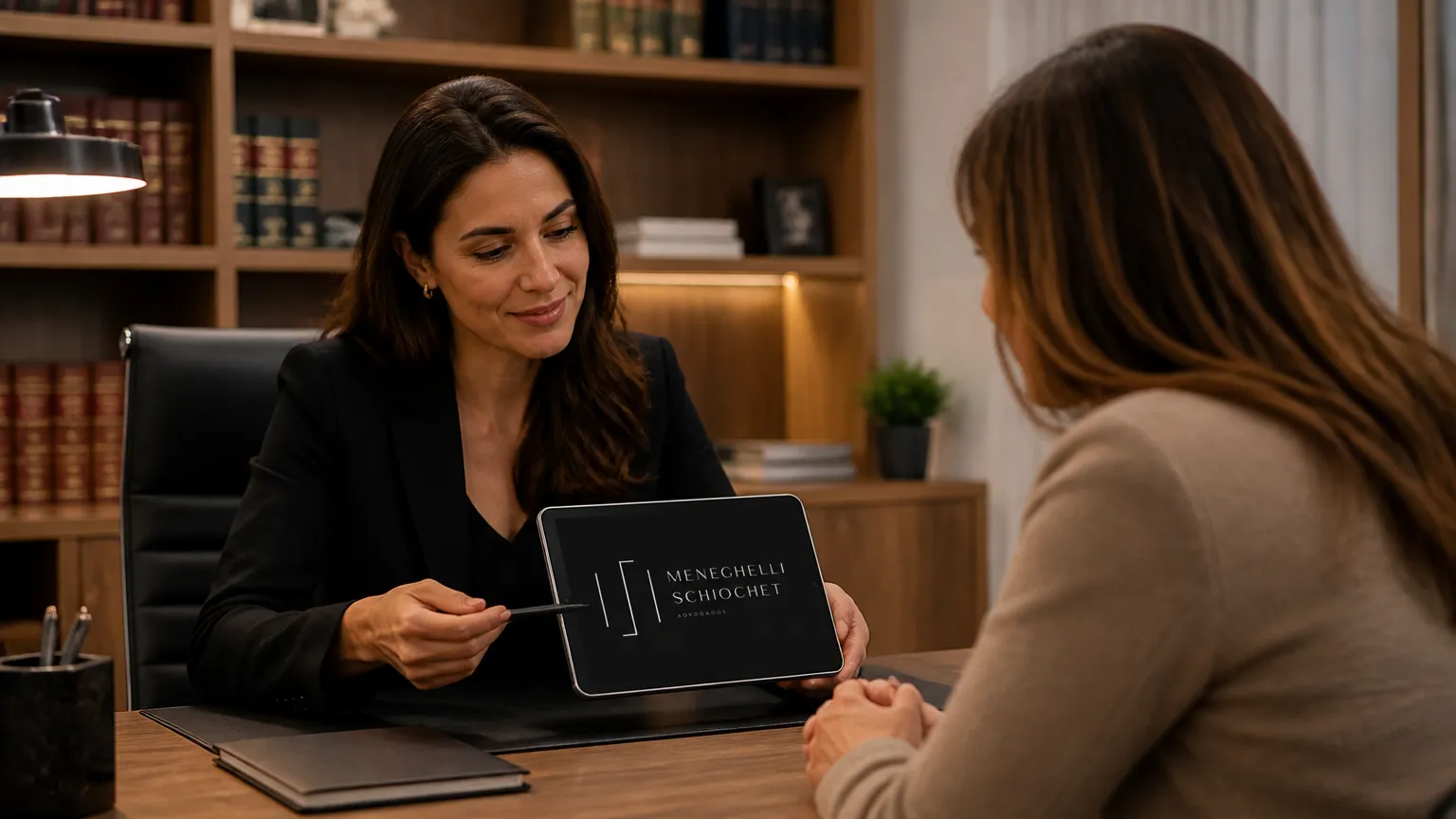 Advogada orientando cliente em consulta sobre regras de família e sucessões