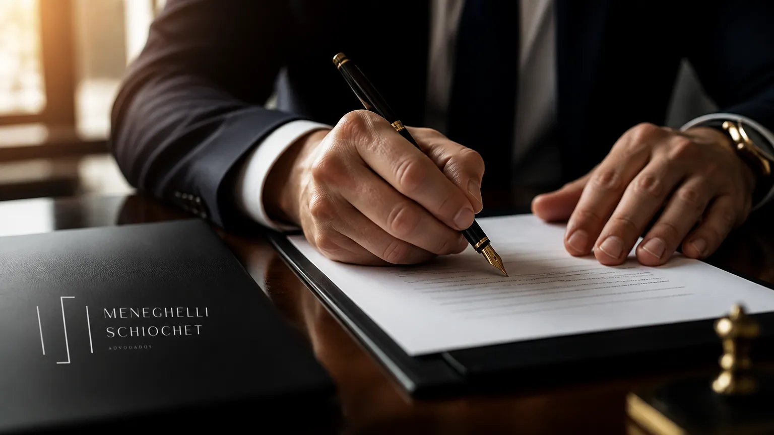Executivo assinando contrato societário sob diretrizes do direito empresarial preventivo.