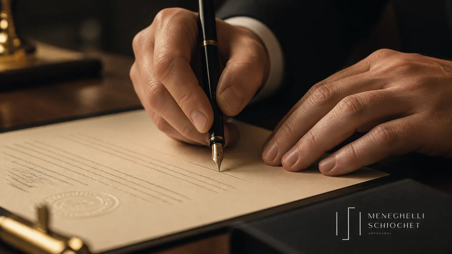 Mão assinando documento formal de testamento público com caneta tinteiro sobre mesa de madeira.
