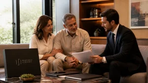 Casal planejando partilha de bens e sucessão patrimonial entre inventário ou testamento em consultoria jurídica.