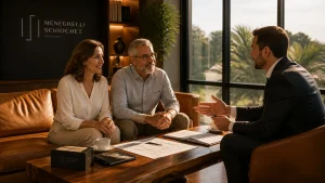 Casal planejando patrimônio em consultoria sobre direito de família e sucessões em escritório moderno.