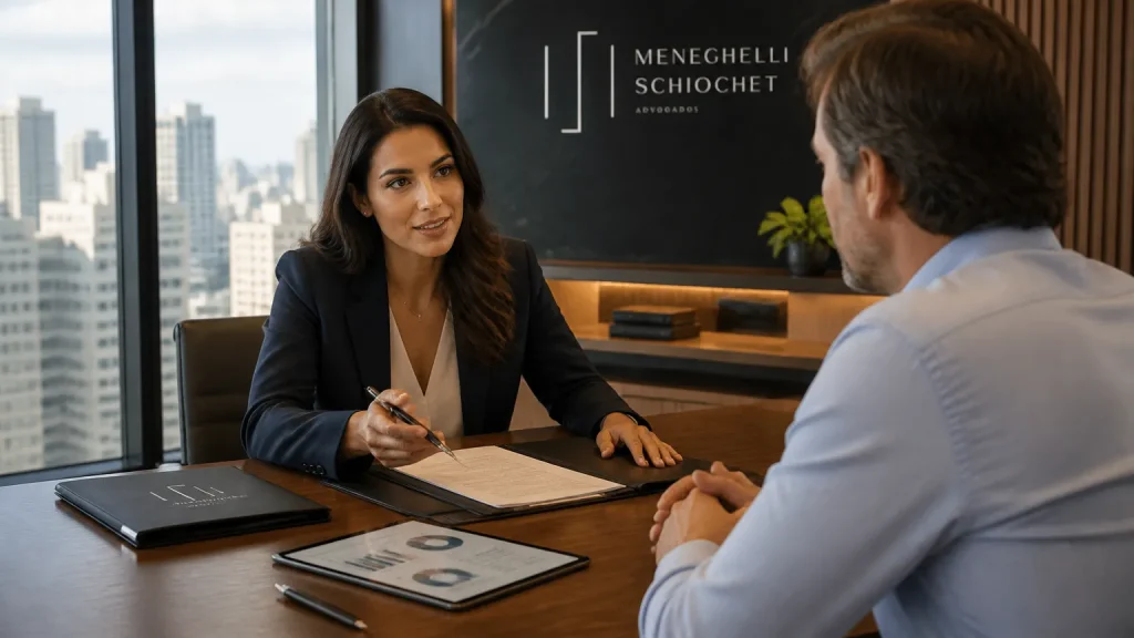Consulta com direito empresarial advogado em sala de reuniões moderna e acolhedora.