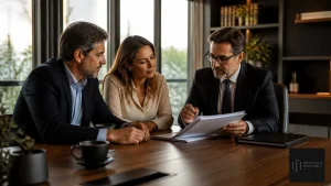Consulta jurídica sobre regras de família e sucessões com casal e advogado em escritório elegante.