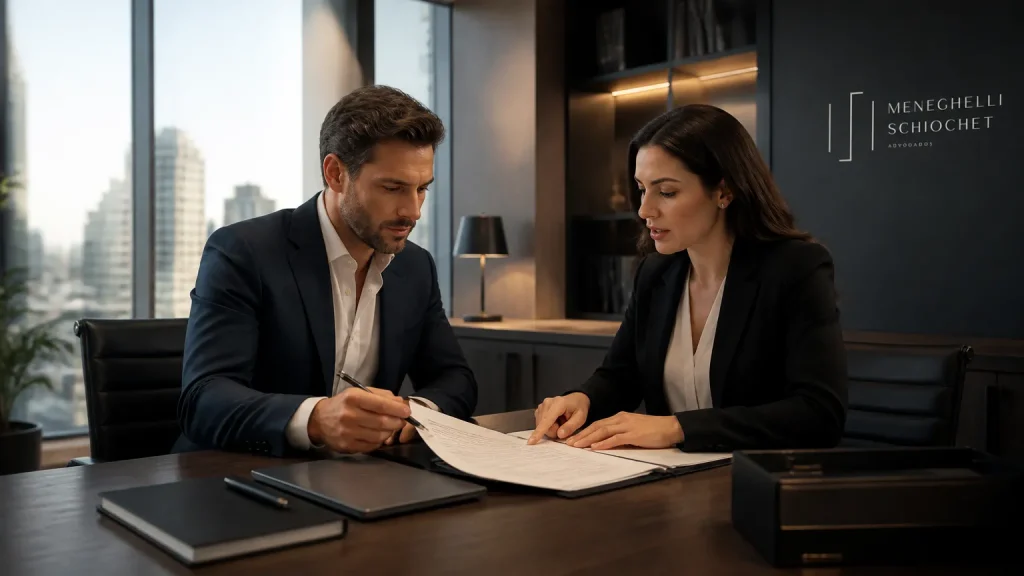 Consultoria em direito empresarial com advogados e empresários analisando contratos estratégicos.