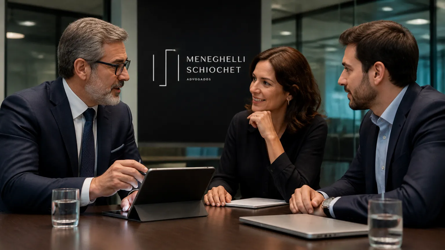Consultoria jurídica orientando empresários sobre conformidade e governança corporativa.