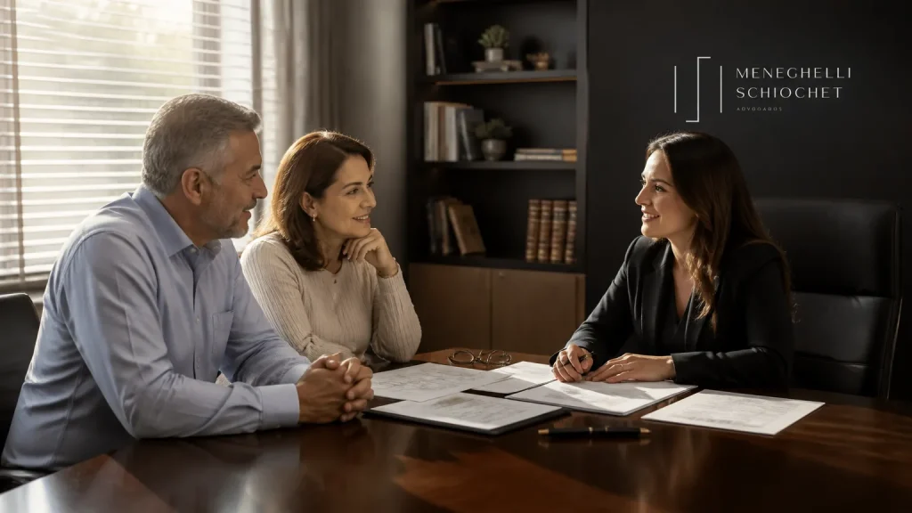 Casal em consultoria jurídica para planejar testamento com advogado em escritório sofisticado.