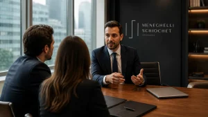 Empresários em reunião com direito empresarial advogado especialista em consultoria preventiva de negócios.