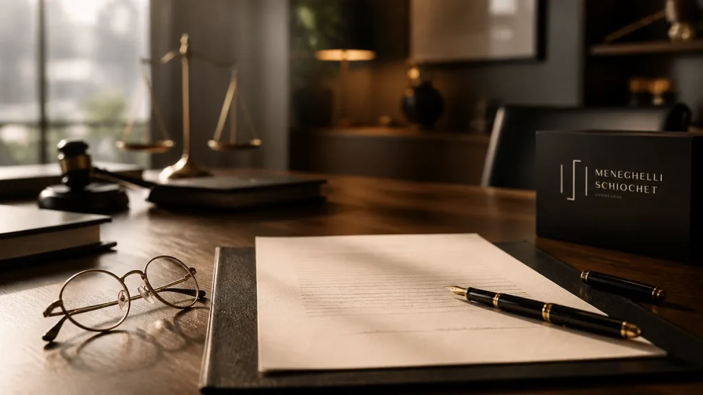 Documento de testamento sobre mesa de madeira com caneta tinteiro em escritório de advocacia.