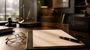 Documento de testamento sobre mesa de madeira com caneta tinteiro em escritório de advocacia.