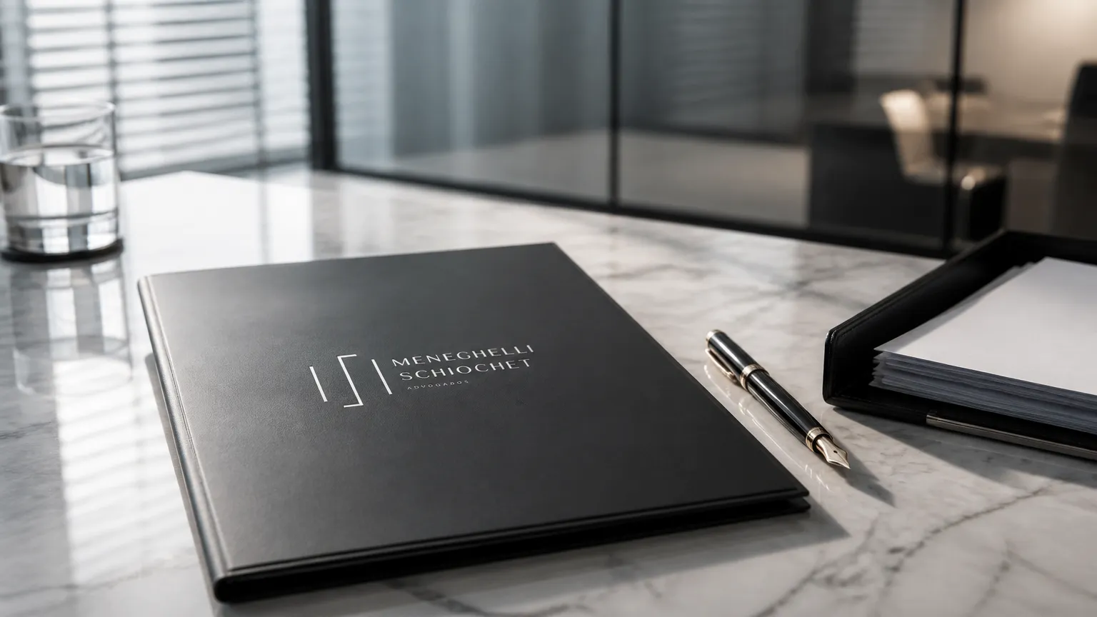 Documentos contratuais de direito empresarial sociedades sobre mesa de escritório moderno.