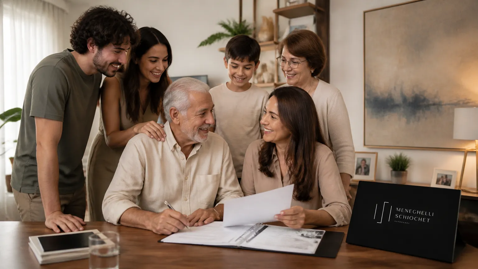 Família reunida com tranquilidade graças ao planejamento de família e sucessões seguro.